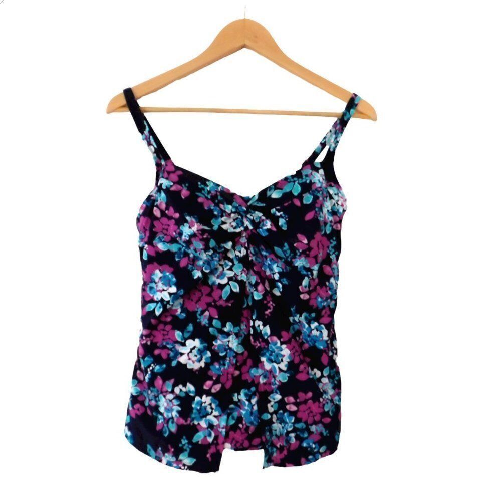 Lands End Tankini Top Swimsuit Slimming Tummy Control Built in Bra Size 8 Floral